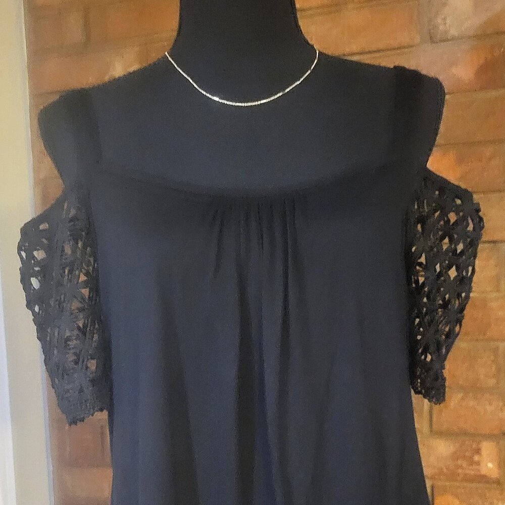 Sweet Little Black Blouse - Open Shoulder with Lace-Like Sleeves - Size L